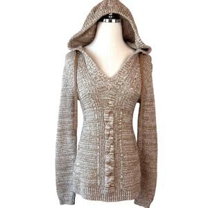 Roxy Cable Knit V Neck Hoodie Sweater size Large Tan Fitted